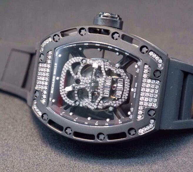 Richard Mille RM 052 replica Watch RM 052 PVD Diamonds Skull Dial with Black Rubber Strap